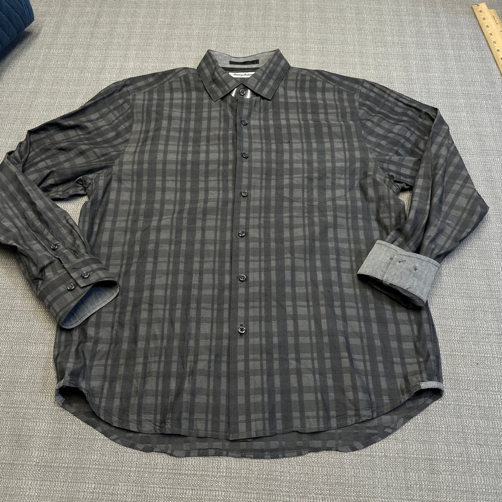 Tommy Bahama Shirt Mens Medium Gray Plaid Long Sleeve Flip Cuff Shirt Silk Blend
